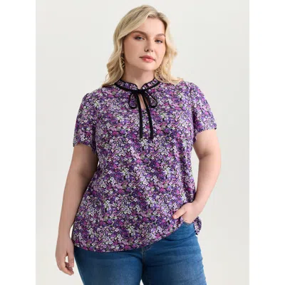 Bloomchic Women's Plus Size Dense Floral Print Ruffled Mock Neck Blouse Multicolor Elegant Short Sleeve 22-24/
