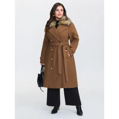 Bloomchic Women's Plus Size Detachable Fur Belted Cinched-waist Coat Yellowishbrown Wrap / Overlap Fit & Flare