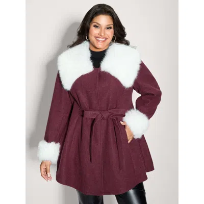 Bloomchic Women's Plus Size Detachable Fur Collar Waist-tie Coat Burgundy X-line 10/m