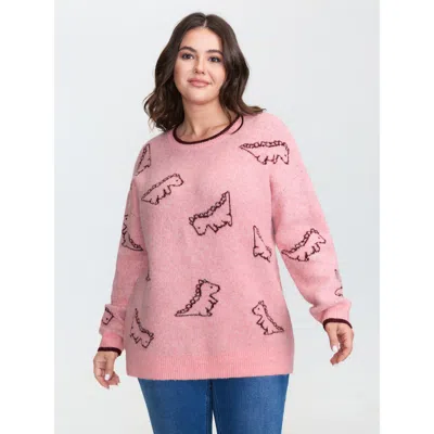 Bloomchic Women's Plus Size Dinosaur Pattern Jacquard Pullover Blush Not Graphics Long Sleeve Round Neck 18-20 In Pink