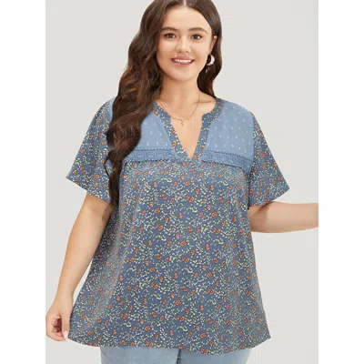 Bloomchic Women's Plus Size Ditsy Floral & Polka Dot Lace Notched Neck Blouse Stone Dailywear Short Sleeve 10/ In Gray