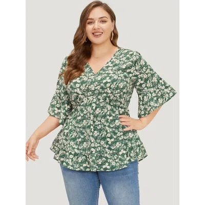 Bloomchic Women's Plus Size Ditsy Floral Bell Sleeve Flutter Hem Blouse Moss Dailywear Short Sleeve 10/m In Green