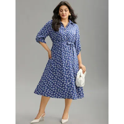 Bloomchic Women's Plus Size Ditsy Floral Belted Button Through Tab Sleeve Dress Aegean Office Belted 22-24/3x In Blue