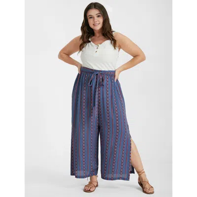 Bloomchic Women's Plus Size Ditsy Floral Belted Split Loose Pants Lightblue Stripes High Rise Dailywear 10/m In Blue