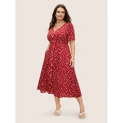 Bloomchic Women's Plus Size Ditsy Floral Button Detail Elastic Waist Midi Dress Crimson Ditsy Floral Midi Eleg In Red