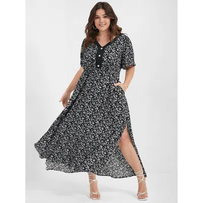 Bloomchic Women's Plus Size Ditsy Floral Button Lace Pocket Split Ruffles Maxi Dress Black Ditsy Floral Dailyw