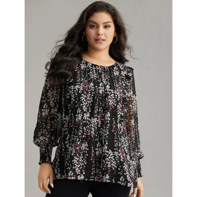Bloomchic Women's Plus Size Ditsy Floral Chiffon Ruffles Shirred Pleated Mesh Blouse Black Dailywear Long Slee