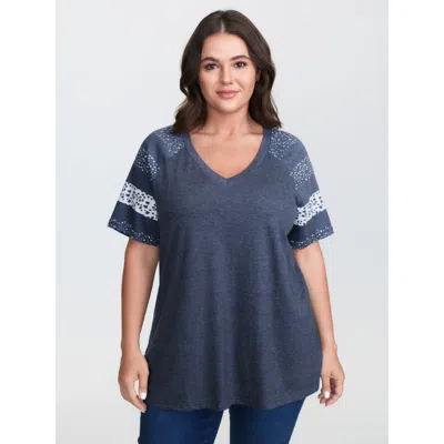 Bloomchic Women's Plus Size Ditsy Floral Colorblock Contrast Raglan Sleeve T-shirt Blue Stripes Casual Short S