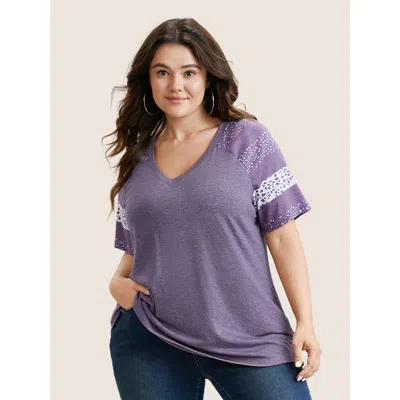 Bloomchic Women's Plus Size Ditsy Floral Colorblock Contrast Raglan Sleeve T-shirt Mauve Stripes Casual Short  In Purple