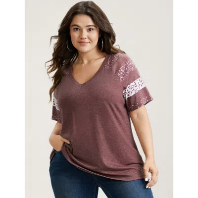 Bloomchic Women's Plus Size Ditsy Floral Colorblock Contrast Raglan Sleeve T-shirt Russet Stripes Casual Short In Brown