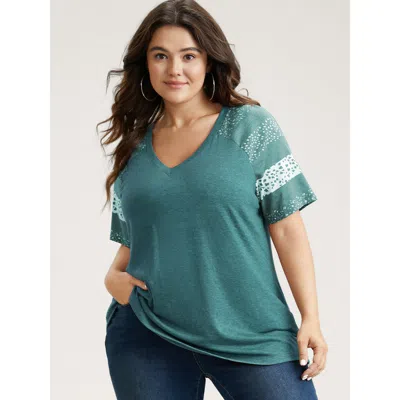 Bloomchic Women's Plus Size Ditsy Floral Colorblock Contrast Raglan Sleeve T-shirt Teal Stripes Casual Short S In Blue