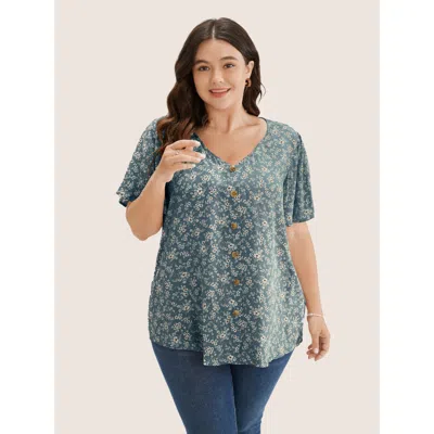 Bloomchic Women's Plus Size Ditsy Floral Contrast Ruffle Sleeve Button Detail Blouse Aegean Ditsy Floral Elega In Blue
