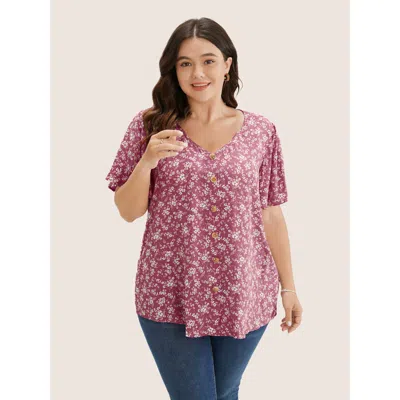 Bloomchic Women's Plus Size Ditsy Floral Contrast Ruffle Sleeve Button Detail Blouse Eggplant Ditsy Floral Ele In Purple