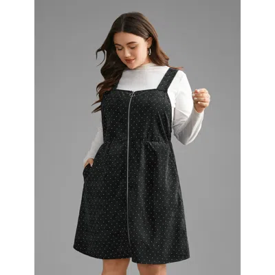 Bloomchic Women's Plus Size Ditsy Floral Corduroy Pocket Zipper Fly Cami Dress Blackflower Polka Dots Mini Cas