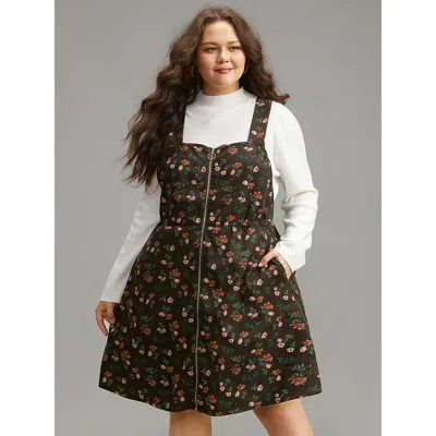 Bloomchic Women's Plus Size Ditsy Floral Corduroy Pocket Zipper Fly Cami Dress Bronze Polka Dots Mini Casual N In Brown
