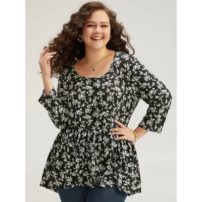 Bloomchic Women's Plus Size Ditsy Floral Crew Neck High Low Hem T-shirt Black Long Sleeve Dailywear 12/l