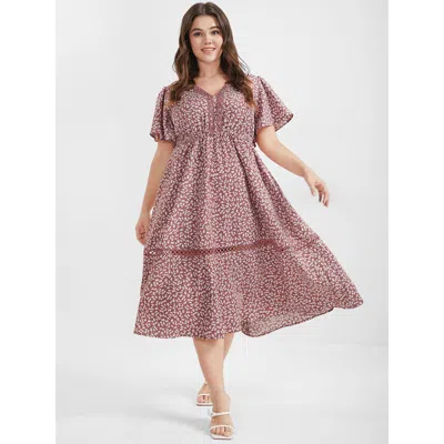 Bloomchic Women's Plus Size Ditsy Floral Crochet Lace Ruffled Midi Dress Pink Ditsy Floral Dailywear Patchwork
