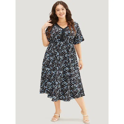 Bloomchic Women's Plus Size Ditsy Floral Dolman Sleeve Tassels Contrast Lace Pocket Split Dress Indigo Dailywe In Purple