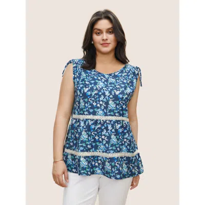 Bloomchic Women's Plus Size Ditsy Floral Drawstring Lace Patchwork Tank Top Blue Everyday 12/l