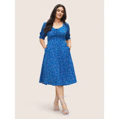 Bloomchic Women's Plus Size Ditsy Floral Drawstring Shirred Cuffs Dress Blue Ditsy Floral Midi Elegant Lace-up