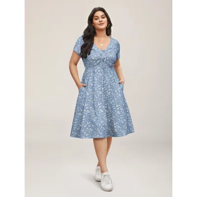 Bloomchic Women's Plus Size Ditsy Floral Elastic Waist Knot Drawstring Dress Lightblue Ditsy Floral Midi Casua In Blue