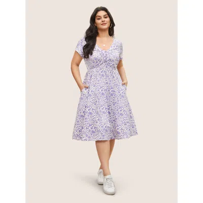 Bloomchic Women's Plus Size Ditsy Floral Elastic Waist Knot Drawstring Dress Lilac Ditsy Floral Midi Casual La In Purple