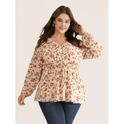 Bloomchic Women's Plus Size Ditsy Floral Elastic Waist Ties Ruffles Blouse Beige Office Long Sleeve 14-16/1x In Sand
