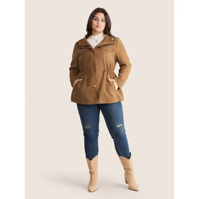 Bloomchic Women's Plus Size Ditsy Floral Embroidered Drawstring Pocket Jacket Lightbrown Lined 10/m In Brown