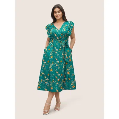 Bloomchic Women's Plus Size Ditsy Floral Flutter Trim Pocket Layered Hem Dress Teal Ditsy Floral Midi Everyday In Blue