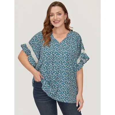 Bloomchic Women's Plus Size Ditsy Floral Frill Trim Lace Ruffle Sleeve Tie Neck Blouse Aegean Dailywear Short  In Blue