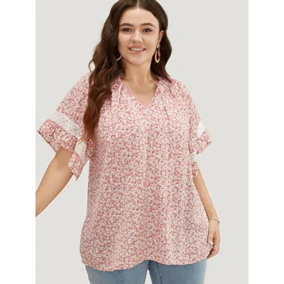 Bloomchic Women's Plus Size Ditsy Floral Frill Trim Lace Ruffle Sleeve Tie Neck Blouse Crepe Dailywear Short S