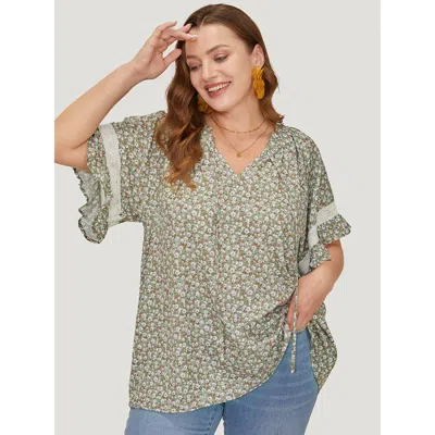 Bloomchic Women's Plus Size Ditsy Floral Frill Trim Lace Ruffle Sleeve Tie Neck Blouse Sage Dailywear Short Sl In Green