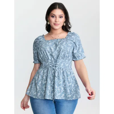 Bloomchic Women's Plus Size Ditsy Floral Front-tie Shirred Blouse Lightblue Solid Elegant Short Sleeve Square  In Blue