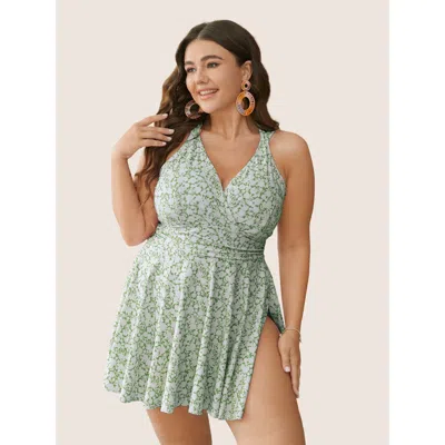 Bloomchic Women's Plus Size Ditsy Floral Halter Neck Split Hem Swim Dress Mint Ditsy Floral Wrap / Overlap Ada In Green