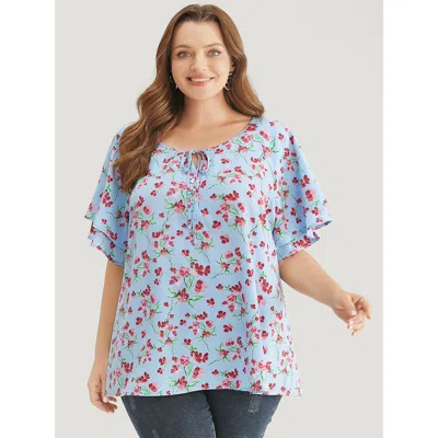 Bloomchic Women's Plus Size Ditsy Floral Keyhole Knot Neck Tiered Sleeve Blouse Lightblue Dailywear Short Slee In Blue