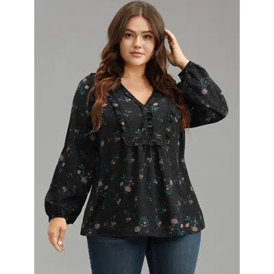 Bloomchic Women's Plus Size Ditsy Floral Lantern Sleeve Frill Trim Blouse Yellow Dailywear Long Sleeve 30/6x