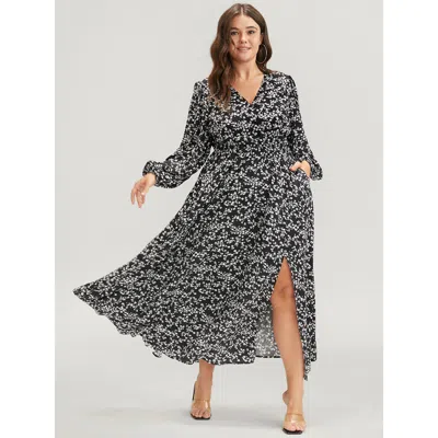 Bloomchic Women's Plus Size Ditsy Floral Lantern Sleeve Pocket Split Maxi Dress Blackflower Ditsy Floral Daily