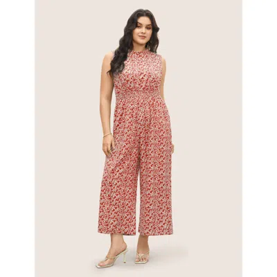 Bloomchic Women's Plus Size Ditsy Floral Mock Neck Shirred Jumpsuit Crimson Elegant Relaxed Fit 28/5x In Red