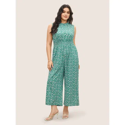 Bloomchic Women's Plus Size Ditsy Floral Mock Neck Shirred Jumpsuit Emerald Elegant Relaxed Fit 22-24/3x In Green