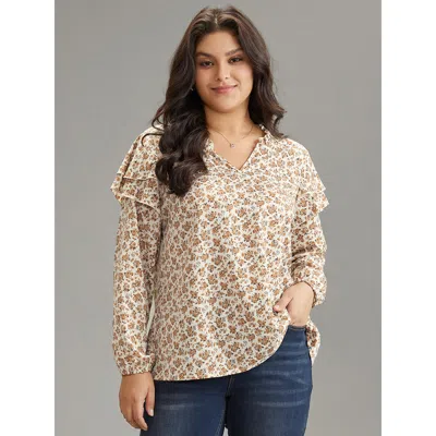 Bloomchic Women's Plus Size Ditsy Floral Notched Tiered Ruffles Lantern Sleeve Blouse Apricot Dailywear Long S In Orange