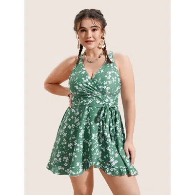 Bloomchic Women's Plus Size Ditsy Floral Overlap Collar Tie Knot Swim Dress Palemauve Ditsy Floral Tie Knot Ad