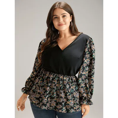 Bloomchic Women's Plus Size Ditsy Floral Patchwork Elastic Waist Blouse Black Everyday Long Sleeve 10/m