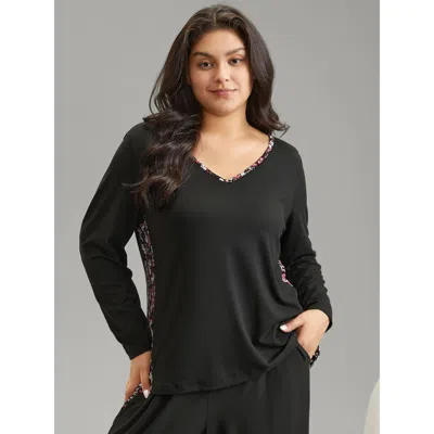 Bloomchic Women's Plus Size Ditsy Floral Patchwork Full Sleeve Pajama Top Black Ditsy Floral Long Sleeve 22-24