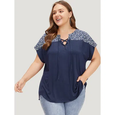 Bloomchic Women's Plus Size Ditsy Floral Patchwork Lace Up Notched T-shirt Indigo Dailywear Short Sleeve 10/m In Purple