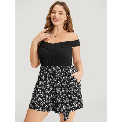 Bloomchic Women's Plus Size Ditsy Floral Patchwork Pocket Belted Off Shoulder Romper Black Dailywear 26/4x