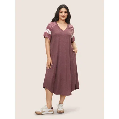 Bloomchic Women's Plus Size Ditsy Floral Patchwork Raglan Sleeve Pocket Dress Russet Ditsy Floral Midi Everyda In Brown