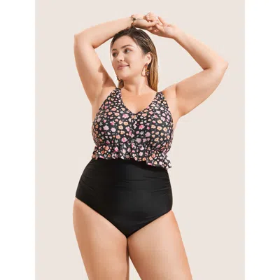 Bloomchic Women's Plus Size Ditsy Floral Patchwork Ruffle Trim One Piece Swimsuit Black Ditsy Floral Gathered 