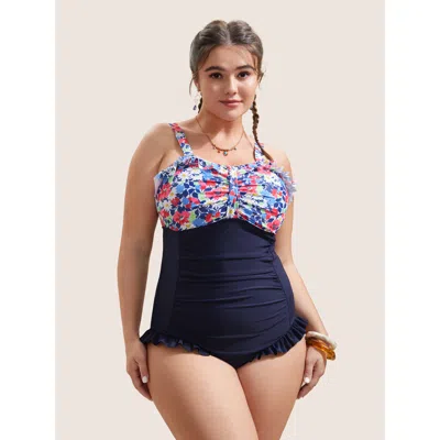 Bloomchic Women's Plus Size Ditsy Floral Patchwork Ruffles Gathered One Piece Swimsuit Midnight Ditsy Floral N In Blue
