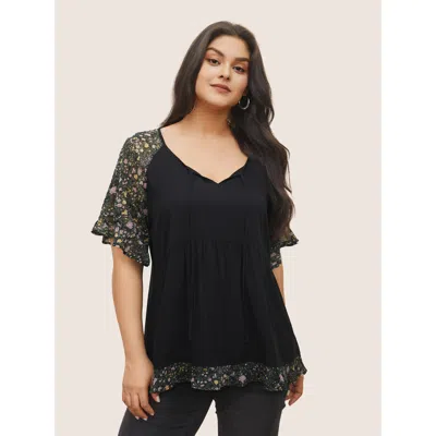 Bloomchic Women's Plus Size Ditsy Floral Patchwork Ties Flutter Sleeve Blouse Black Ditsy Floral Elegant Short