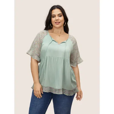 Bloomchic Women's Plus Size Ditsy Floral Patchwork Ties Flutter Sleeve Blouse Mint Ditsy Floral Elegant Short  In Green